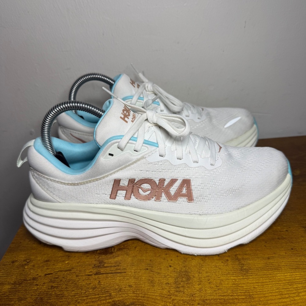Hoka Bondi 8 Running Shoes Women Size 7.5 White Blue 1127952 FTRS